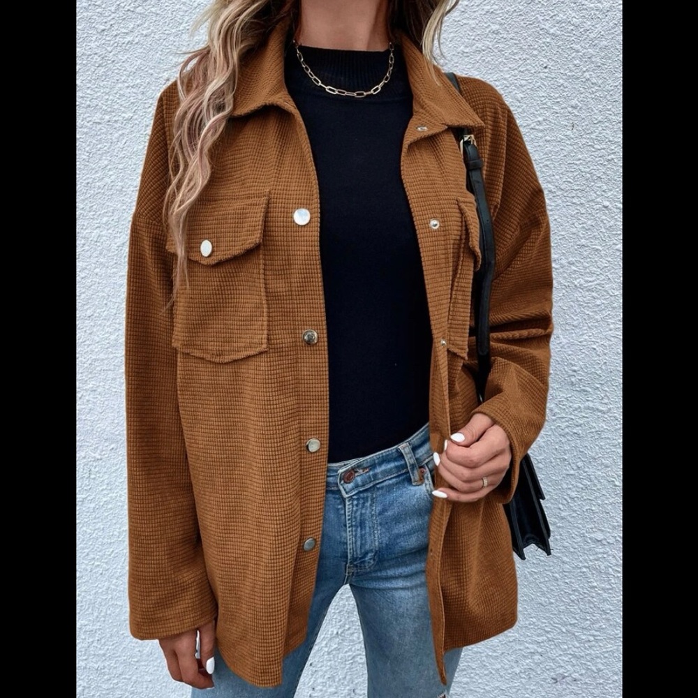 ✨SOLD NWT flap pocket drop shoulder coat shacket Large rust brown - Picture 1 of 4